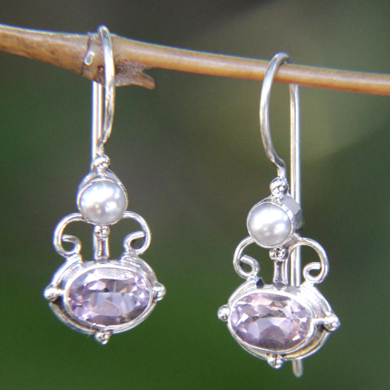 Vintage Purple Glass Silver Earrings